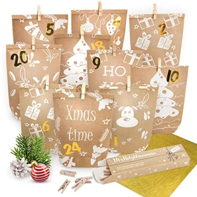 Image of Amari ® Advent calendar to fill Standard braun 24 bags diy (with wooden clips) Paper with numbers sticker Christmas parcel stick on yourself