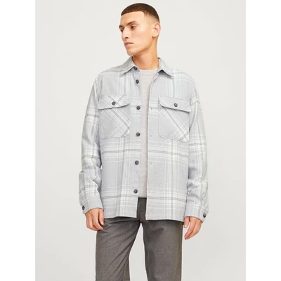 Image of JACK &amp; JONES Men&#039;s Jprraymond Check Overshirt Ls Sn Shirt Jacket, Grey Melange/Fit:Comfort Fit, L