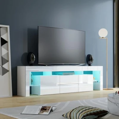 Image of LED TV Stand Cabinet, 200CM Cabinet White Gloss Modern High Unit with 2 Drawers and Doors for Bedroom Living Room Home Furniture