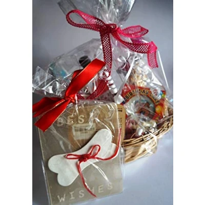 Image of Paradise Pets LUXURY GIFT WRAPPED DOG BIRTHDAY CELEBRATION BASKET FILLED WITH SPECIALTY CHOC TREATS POPCORN WINE EDIBLE RAWHIDE GREETINGS CARD AND A CHEWY CAKE