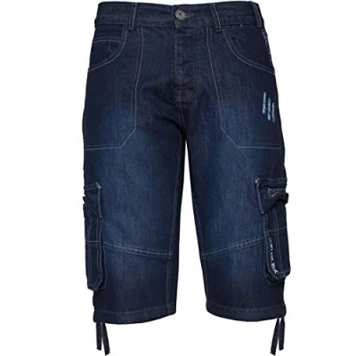 Image of Enzo Jeans Mens Shorts Raw Combat Cargo Pockets Casual Knee Length Denim Pants (36W, Dark Blue)