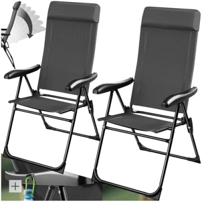 Image of TecTake® Set of 2 Folding Camping Chairs with Adjustable Backrest &amp; Soft Head Cushion, Durable Chair Weather Resistant Frame, for Travel, Garden, Patio Anthracite
