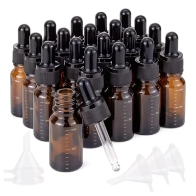 Image of Unxuey 10ml 1/3 Oz Amber Scaled Glass Dropper Bottles with Clear Pipettes for Essential Oil Perfume Travel Eye Fragrance Liquid Sample Vials Funnels Pack of 20