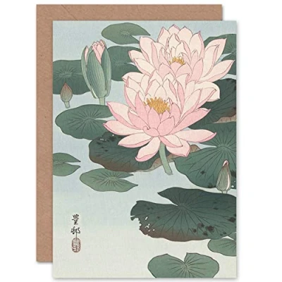 Image of Artery8 Ohara Koson Flowering Water Lily Painting Fine Art Greeting Card Plus Envelope Blank Inside
