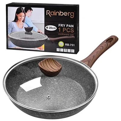 Image of Rainberg 28CM Frying Pan, Pan with Lid, Granite Nonstick, Nonstick Pans Stone Induction Compatible(28CM)
