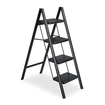 Image of Relaxdays Foldable Ladder, 4 Steps, Steel, Load up to 120 kg, Foldup, Both Sides, HxWxD 109 x 42 84 cm, Black