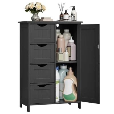 Image of VASAGLE Bathroom Floor Storage Cabinet, Unit with 4 Drawers, Cabinet Freestanding, 1 Door, Adjustable Shelf, 30 x 55 82 cm, Ink Black LHC041B02