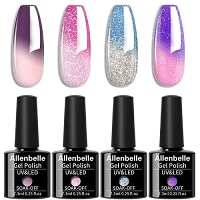 Image of Allenbelle Colour Changing Gel Nail Polish Set Purple Pink Red Blue Lavender to Milk Mood Chameleon Soak Off UV LED Thermal Temperature Art Manicure Kit 016
