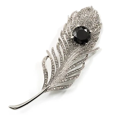 Image of Avalaya Large Diamante Peacock Feather Silver Tone Brooch (Clear &amp; Black) 11.5cm Length