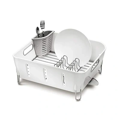 Image of simplehuman KT1104 Compact Dish Rack, Drainer for Kitchen, 360º Swivel Spout, Easy to Clean, Coated Steel Wire, Cutlery Holder, Rustproof, White Plastic, W 37.1cm x H 17.2cm D 32.8cm