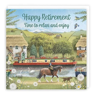 Image of Hunts England Canal Narrowboat Retirement Card Horse Riding Countryside Milo&#039;s Gallery Congratulations Unisex For Colleagues, Friends, Him, Her, etc.
