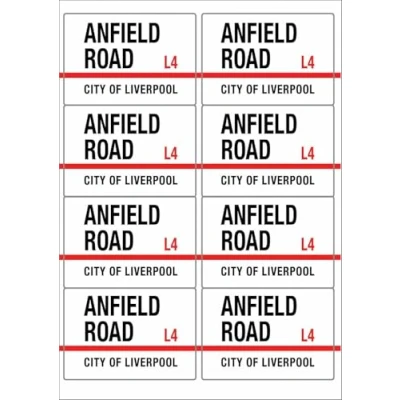 Image of Anfield Road L4 City of Liverpool Sign Rectangular Matt Paper Stickers A4 Sheet 8 (Each Sticker is 99mm x 68mm)