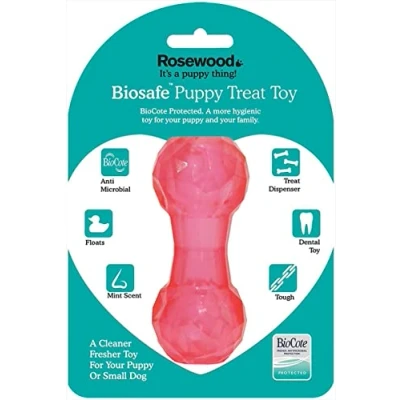 Image of Rosewood Biosafe Puppy Dumbbell Treat Dispensing Dog Toy, Pink