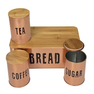Image of Crystals Bread Bin with Air Sealed Bamboo Lid 4pcs Kitchen Set of Tea, Coffee, Sugar Tins Copper