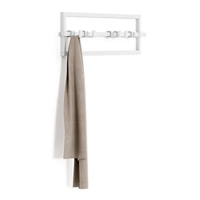 Image of Umbra Wall Mounted Modern, Sleek, Space Saving Hanger with Retractable Hooks to Hang Coats, Scarves, Purses and More, Steel, White, 5