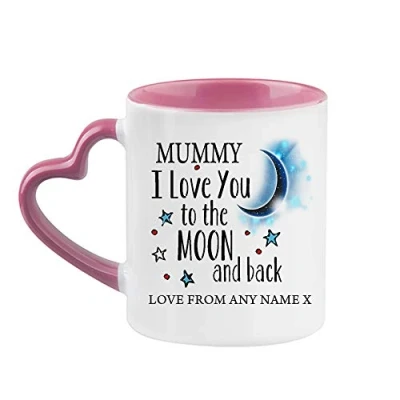 Image of Personalised Mummy I Love You to The Moon &amp; Back Coffee Tea Cocoa Soup Daily use Mug Valentine&#039;s Day Birthday Party gage Keepsake Unique Ceramic Cup Mug. (Pink Heart Handle)