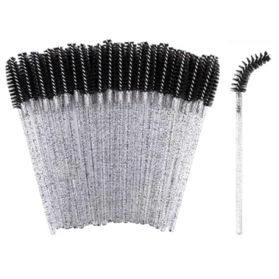 Image of SHUBEIEUMI 50 Pcs Disposable Eyelash Brushes, Mascara Wands, Spoolies Eyebrow, Eyebrow Castor Oil Brush Makeup Tool (Crystal Black)