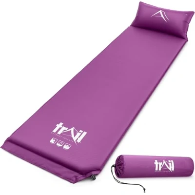 Image of Trail Self Inflating Camping Mat With Pillow 2.5cm Thick Single Sleeping Pad Bag (Purple)