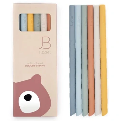 Image of J.Børn 6 Pcs Reusable Silicone Straws with 1 Cleaning Brush 22cm Long 5.5mm Wide Straight Drinking Straw Premium Food Grade Soft Flexible for Children &amp; Elderly (Blue)