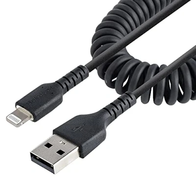Image of StarTech.com 1m (3ft) USB to Lightning Cable, MFi Certified, Coiled iPhone Charger Black, Durable TPE Jacket Aramid Fiber, Heavy Duty Coil Cable (RUSB2ALT1MBC)
