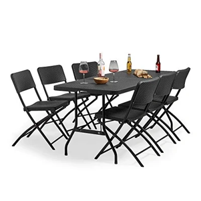 Image of VonHaus Garden Dining Set 6ft Rattan Effect Folding Table &amp; Chairs 6 Seater Durable Weatherproof Powder Coated Steel Frame Outdoor Furniture for Patio Decking Balcony Grey