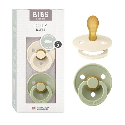 Image of BIBS Colour Symmetrical Soother 2 Pack, BPA Free Dummy Pacifier, Nipple. Natural Rubber Latex, Made in Denmark. 6 18 Months (Pack of 2), Ivory / Sage