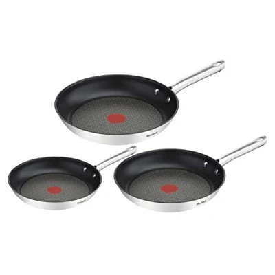 Image of Tefal A704S3 Duetto 3 Piece Frying Pan Set 20, 24 and 28 cm Non Stick Coating Built in Temperature Indicator Suitable for All Hob Types Including Induction Stainless Steel/Black