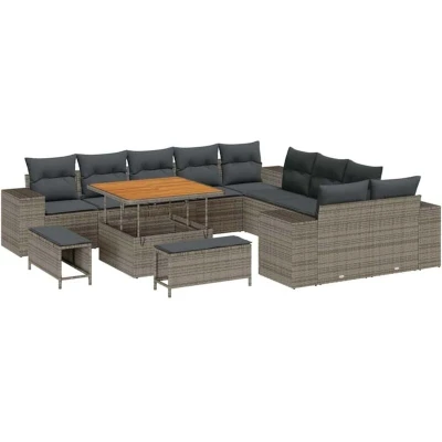 Image of vidaXL 13 Piece Garden Sofa Set with Cushions Grey Poly Rattan Acacia