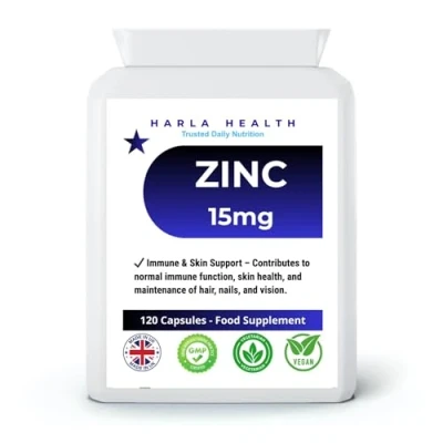 Image of Zinc 15mg 120 Capsules 4 Months Supply Suitable for Vegetarians &amp; Vegans Harla Health Make in The UK GMP Codes of Practice