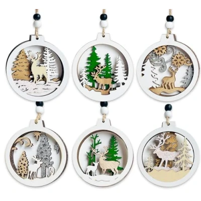 Image of Christmas Decorations, 6 Pcs Wooden Ornaments, Wood Baubles Pendant with Twine, Reindeer Hanging Xmas Ornaments for Tree Decorations DIY Crafts Gifts