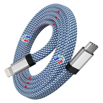 Image of Magtame Magnetic USB C to Lightning Cable, 1M Coiled Braided Cable Blue, MFi Certified, Fast Charging Compatible with iPhone 14/13/12/11 Pro Max/XS MAX/XR/XS/X/8 SE Flat