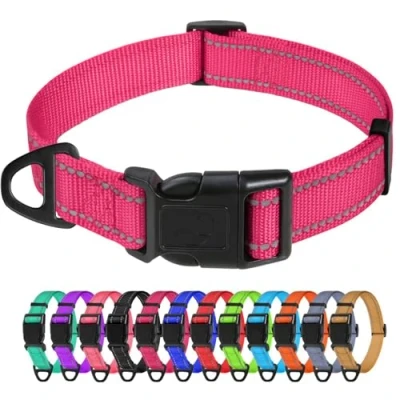 Image of TagMe Reflective Nylon Dog Collars, Adjustable Classic Collar with Quick Release Buckle for Small Dogs, Pink, 1.5 cm Width