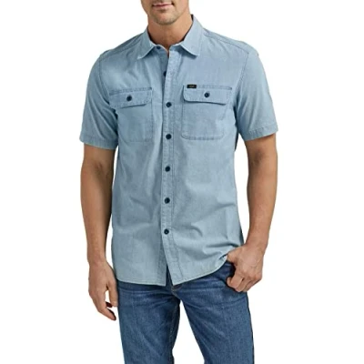 Image of Lee Men&#039;s Extreme Motion All Purpose Classic Fit Short Sleeve Button Down Worker Shirt, Light Wash Chambray, 34/36