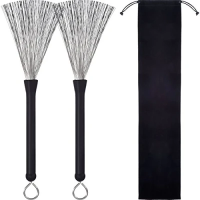 Image of 1 Pair Drum Brushes Retractable Wire Drums Sticks Brush with Comfortable Rubber Handles