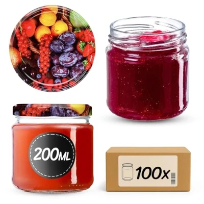 Image of KADAX Glass Jars 200 ml, Small Preserving with Metal Lids for Homemade Jam and Honey, Storing Spices Herbs (Fruits, Set of 100)