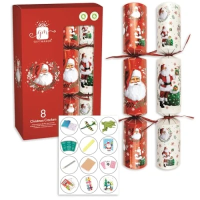 Image of Giftmaker Pack 8 Red &amp; White Santa Design Novelty Family Christmas Crackers 29cm
