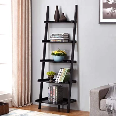 Image of Charles Bentley Tall Wooden 5 Rung Ladder Storage Shelving Unit Display Shelf Black 180x40x60cm