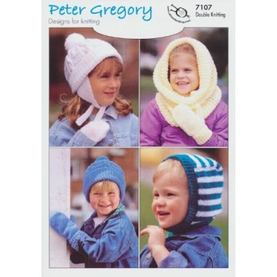 Image of Peter Gregory Double Knitting DK Pattern 7107 Children’s Hats &amp; Mittens Selection