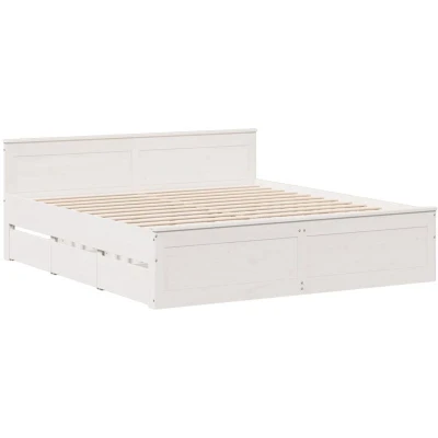 Image of vidaXL Pine Wood Bed Frame Super King White Solid with Drawers and Headboard, Modern Bedroom Furniture