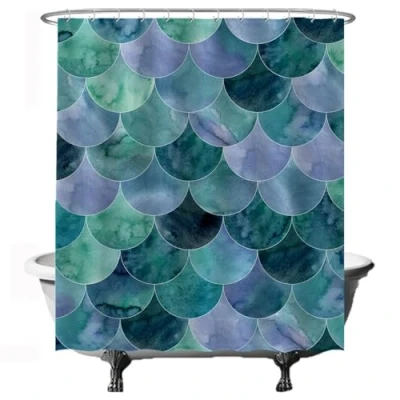 Image of Ulticool Shower Curtain Libra Mermaid Waves 180 x 200 cm Washable Anti Mould with 12 Rings Blue Green