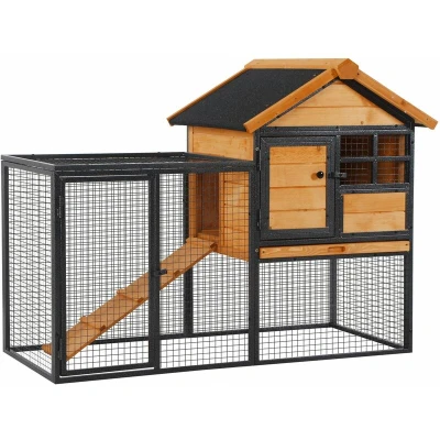 Image of PawHut Rabbit Hutch Guinea Pig Wood metal Elevated House Pet Bunny Cage for Outdoor 122 x 63 92cm Light Yellow