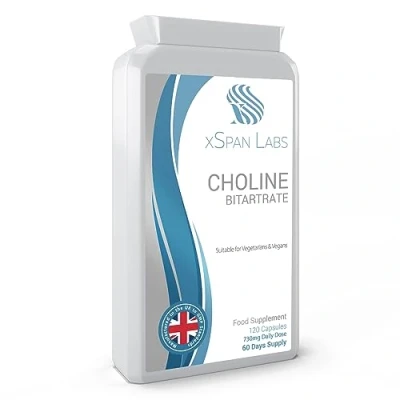 Image of Choline Bitartrate 730mg Daily Dosage, 120 Vegan Capsules Helps to Maintain Normal Liver Function No GMOs, Dairy, or Gluten Made in The UK Accordance with GMP Code of Practice