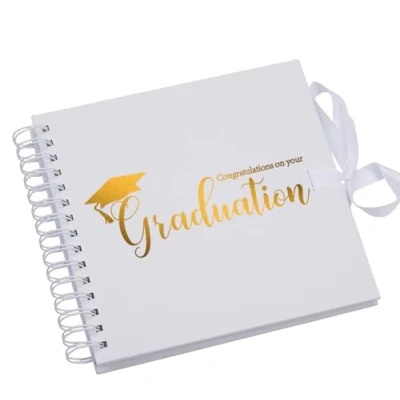 Image of Graduation White Scrapbook, Guest Book Or Photo Album with Gold Script