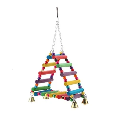 Image of Bird Parrot Bells Toy, Wooden Hanging Ladder Perch Stand Toy Colorful Chewing Swing for Parrots, Parakeets Cockatiels, Conures, Macaws, Love Birds, Finches