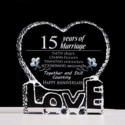 Image of 15th Wedding Anniversary Crystal Gift for Her Wife Him Couple 15 Year Marriage Love Heart Paperweight Keepsake