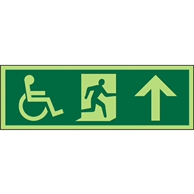 Image of Seco DDA Fire Exit Wheel Chair, Man Running Right, Arrow Pointing Up Pictogram Sign, 450mm x 150mm Photoluminescent 1mm Semi Rigid Plastic