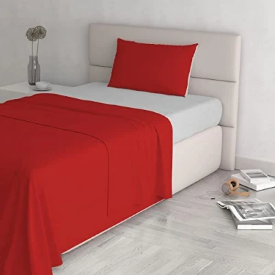 Image of Italian Bed Linen Natural Color Set (Flat 180x300, Fitted Sheet 120x200cm+Pillowcase 52x82cm), Petrol Bottle Green, 100% Cotton, red/Light Gray, SMALL DOUBLE