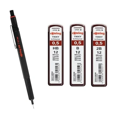 Image of rOtring 600 Mechanical Pencil 0.5 mm Black All Metal Body Propelling Set Tikky hi Polymer Lead Refills, mm, HB, B and 2B