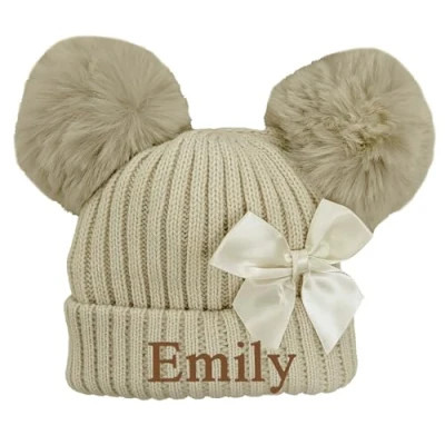 Image of JJLC Personalised Baby Girl Pom Bow Hat Knitted Bobble (UK, Age, One Size, Beige)