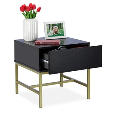 Image of Black Nightstand, Square Side Table with Drawer, Wood, Golden Metal Frame, 50x50x50 cm, Relaxdays